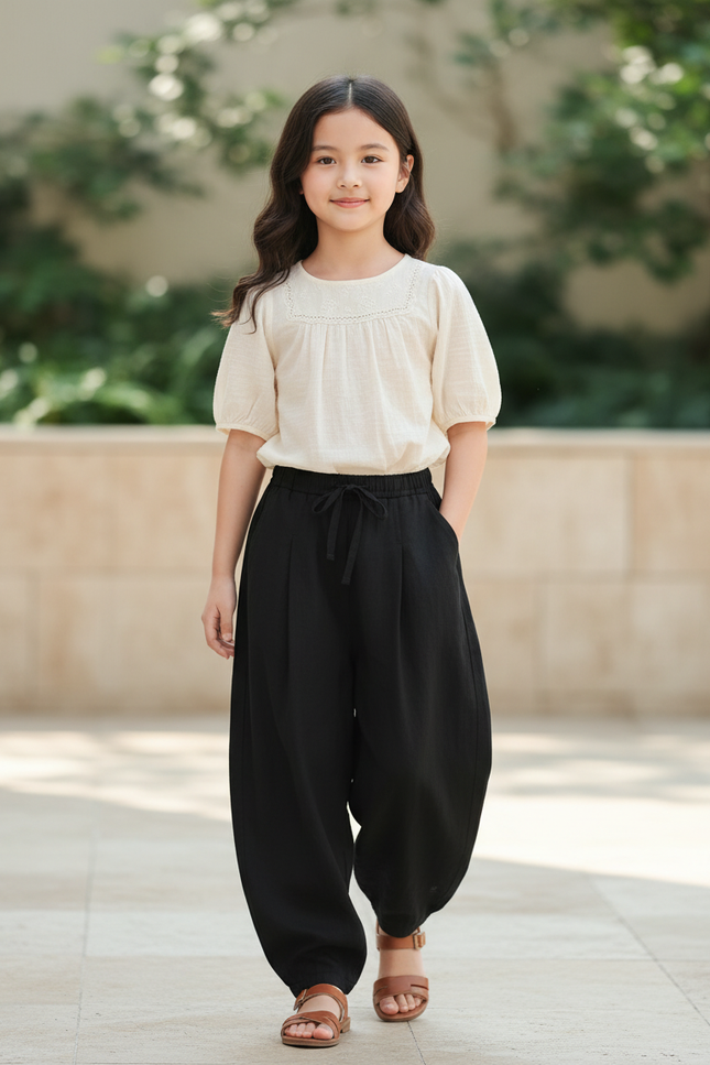 Pantalon En Lin Noir Ample Décontracté Enfant Fluide