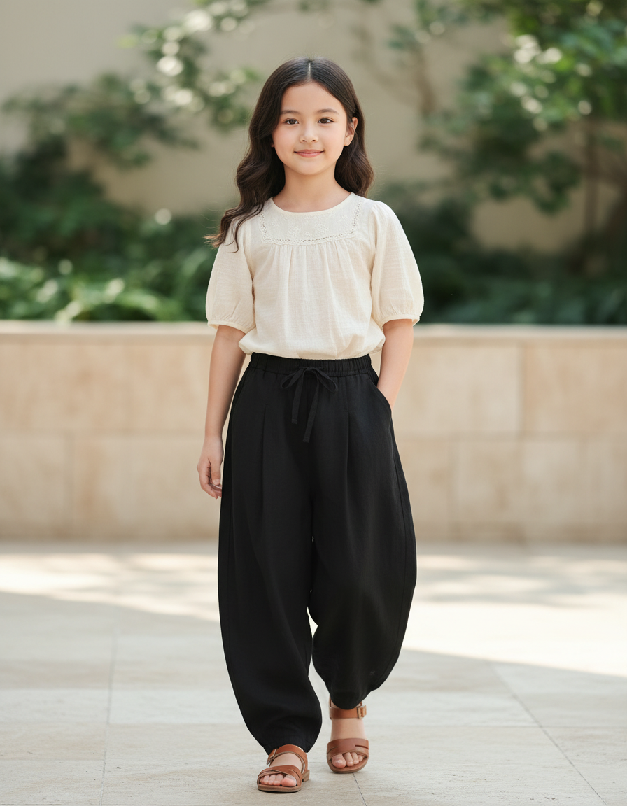Pantalon En Lin Noir Ample Décontracté Enfant Fluide