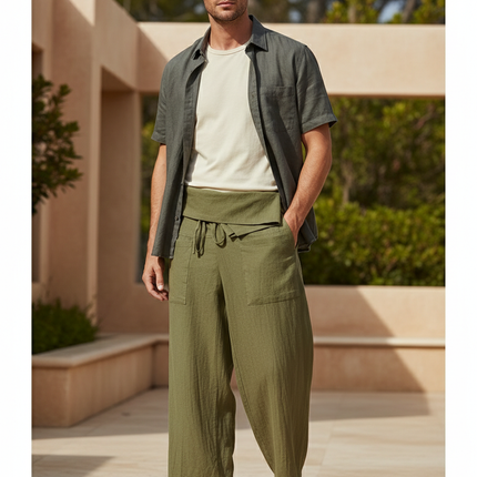 Pantalon En Lin Vert Ample Coton Fluide Décontracté Homme - Kaki
