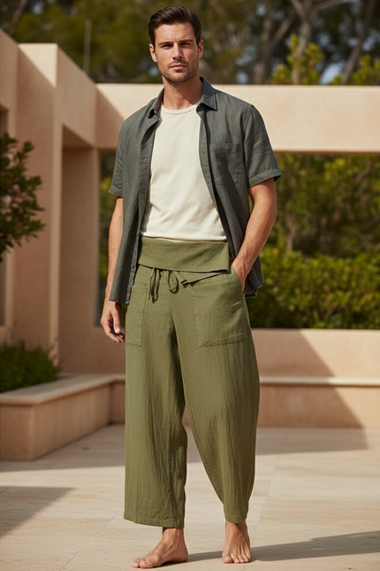 Pantalon En Lin Vert Ample Coton Fluide Décontracté Homme - Kaki
