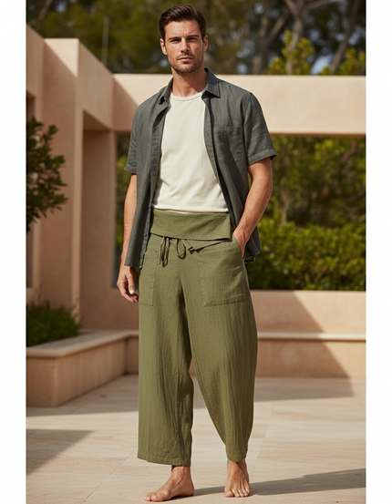 Pantalon En Lin Vert Ample Coton Fluide Décontracté Homme - Kaki