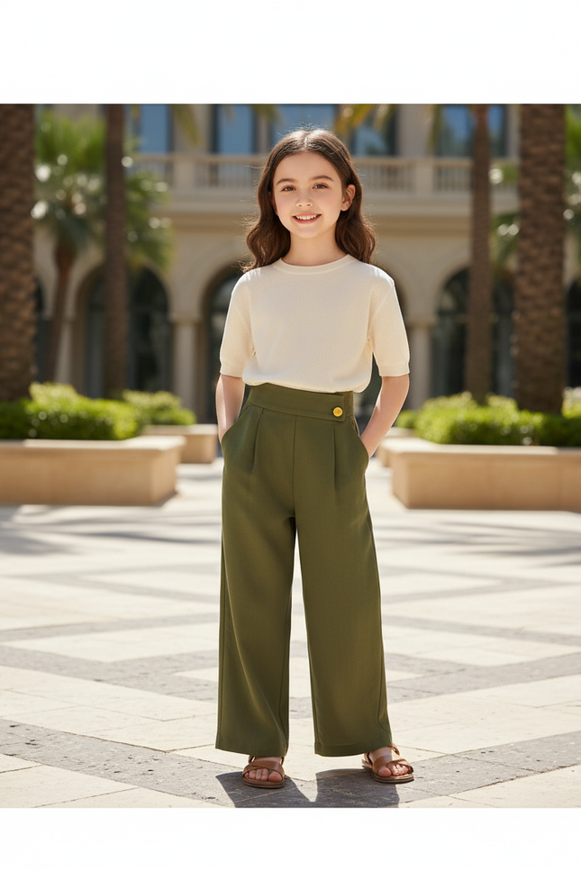 Pantalon En Lin Vert Ample Droit Enfant - Kaki