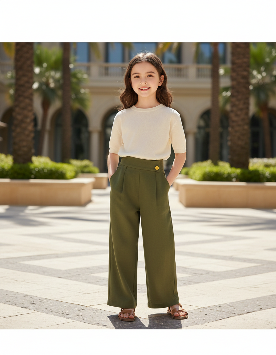 Pantalon En Lin Vert Ample Droit Enfant - Kaki