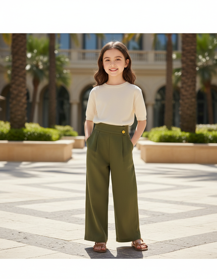 Pantalon En Lin Vert Ample Droit Enfant - Kaki