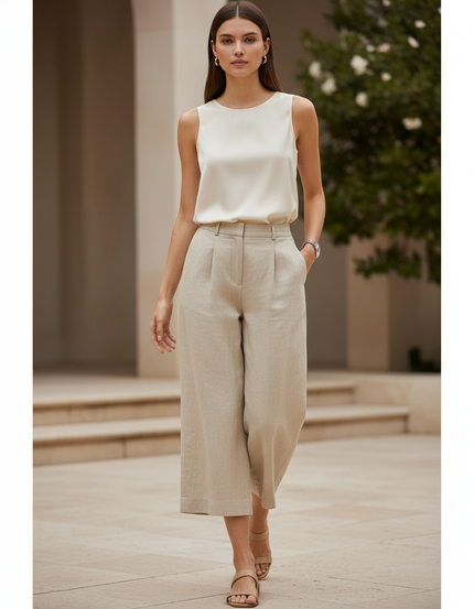 Pantalon Beige Femme Lin