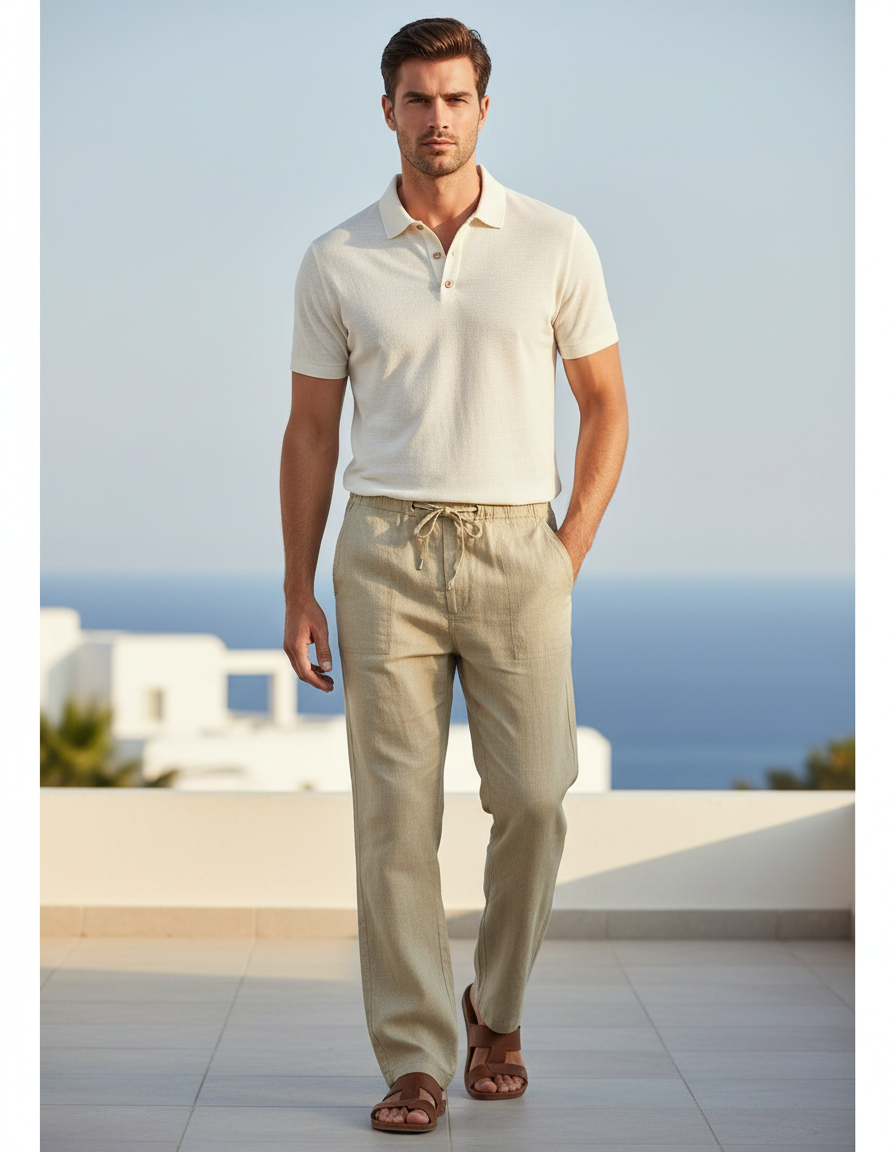 Pantalon En Lin Beige Ample Cordon Décontracté Léger