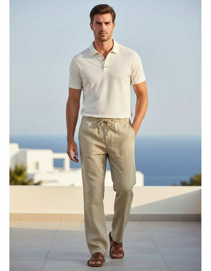 Pantalon En Lin Beige Ample Cordon Décontracté Léger