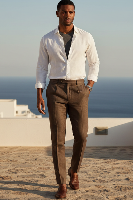 Pantalon En Lin Marron Plissé Droit Élégant Homme