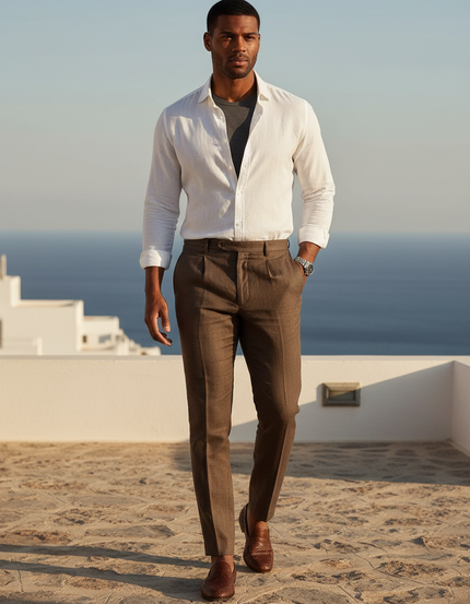 Pantalon En Lin Marron Plissé Droit Élégant Homme