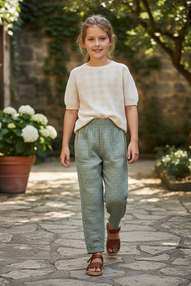 Pantalon En Lin Vert Points Blancs Ample Fille