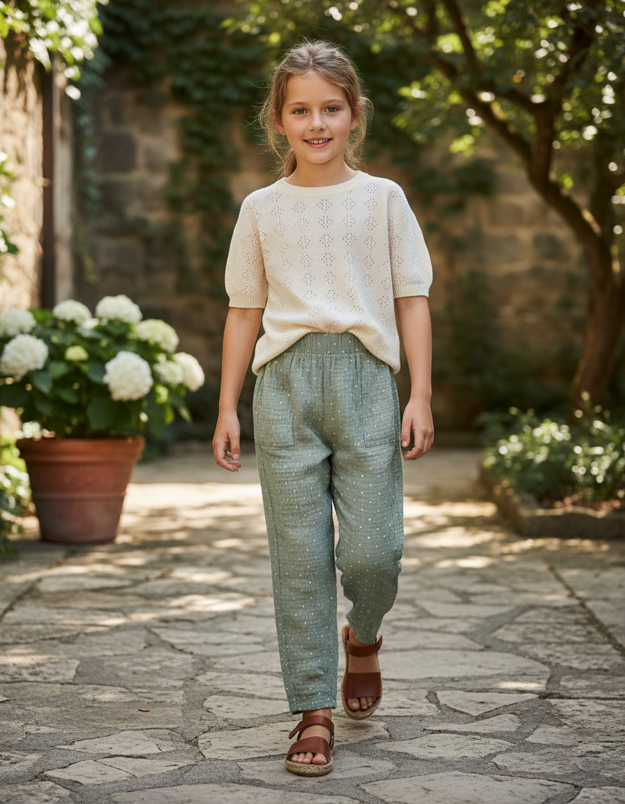 Pantalon En Lin Vert Points Blancs Ample Fille