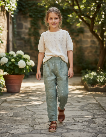 Pantalon En Lin Vert Points Blancs Ample Fille