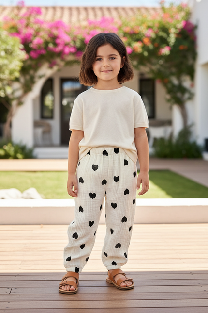 Pantalon En Lin Crème Cœurs Noirs Ample Enfant - Beige