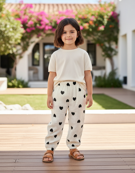 Pantalon En Lin Crème Cœurs Noirs Ample Enfant - Beige