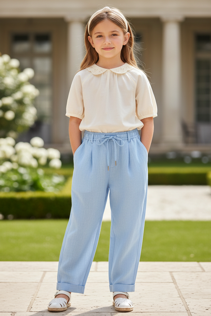 Pantalon En Lin Bleu Plissé Cordon Ample Enfant