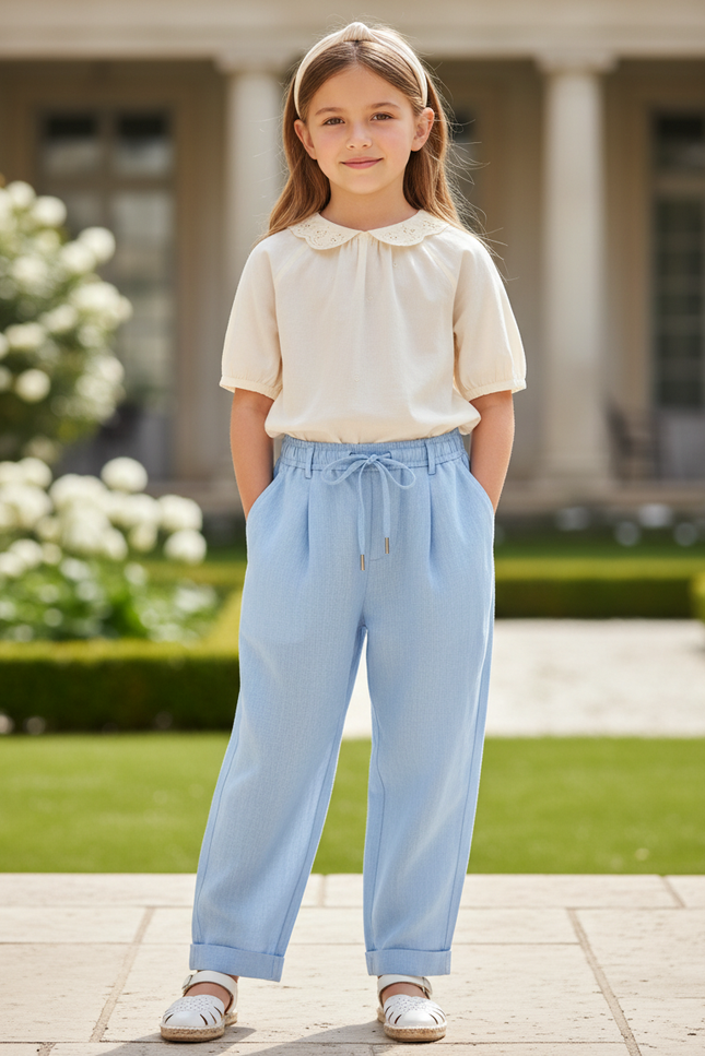 Pantalon En Lin Bleu Plissé Cordon Ample Enfant