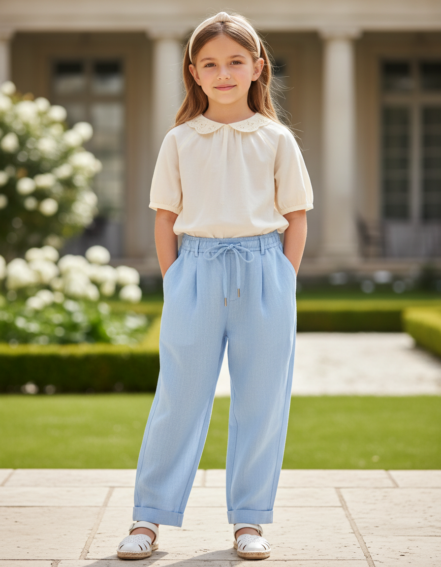 Pantalon En Lin Bleu Plissé Cordon Ample Enfant