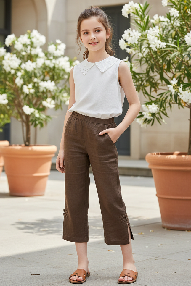 Pantalon En Lin Court Marron Fille Décontracté Fluide