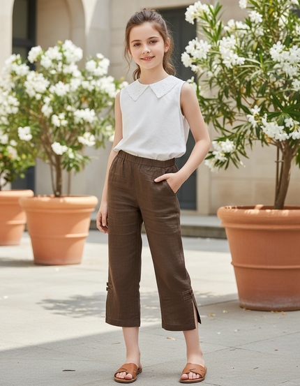 Pantalon En Lin Court Marron Fille Décontracté Fluide
