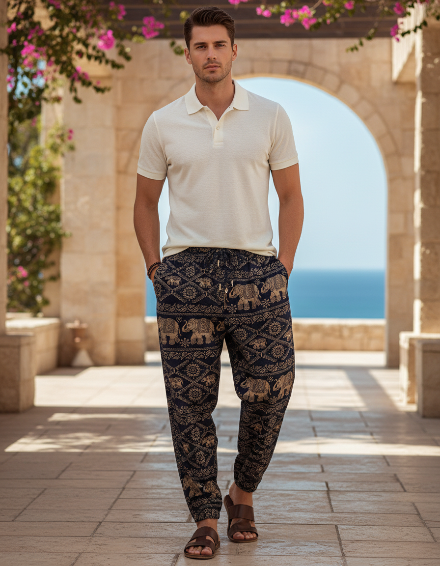 Pantalon En Lin Ethnique Imprimé Éléphant Ample Décontracté Homme