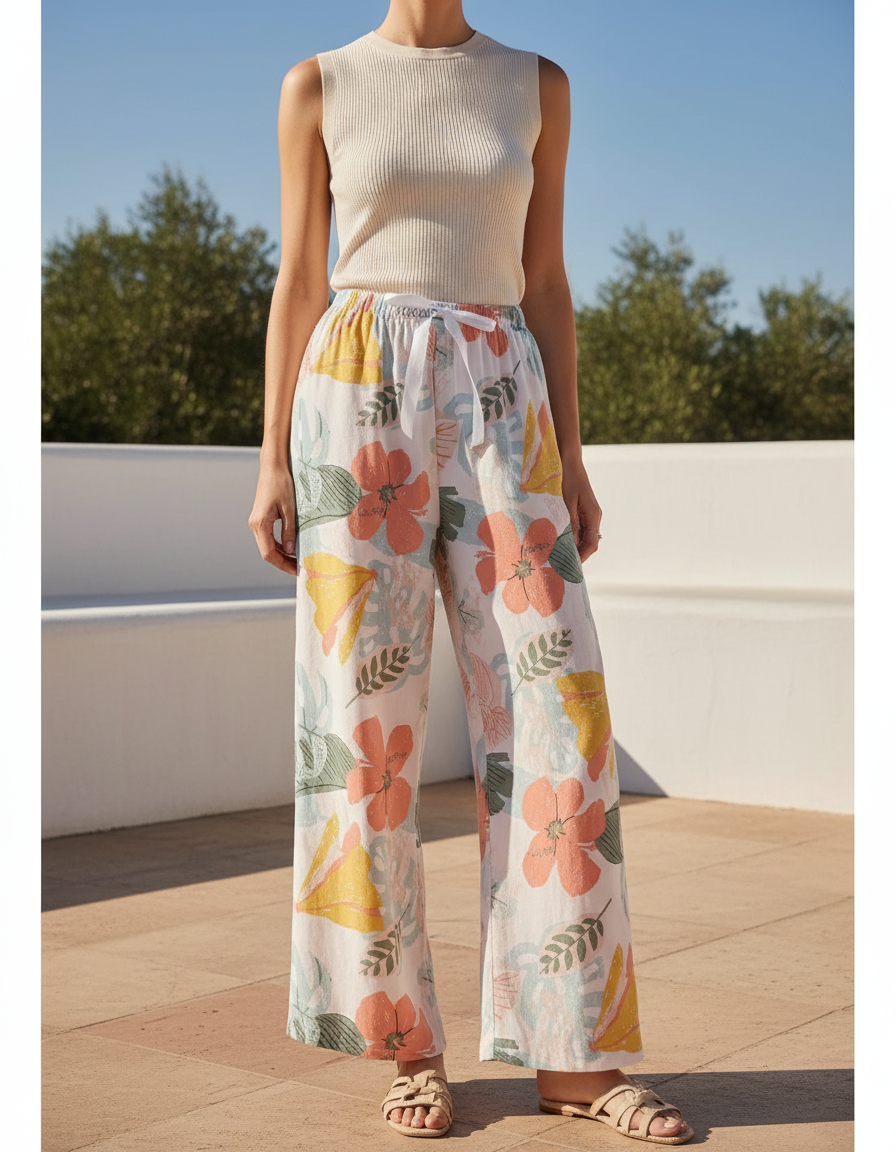 Pantalon En Lin Fleuri Ample Fluide Estival Blanc