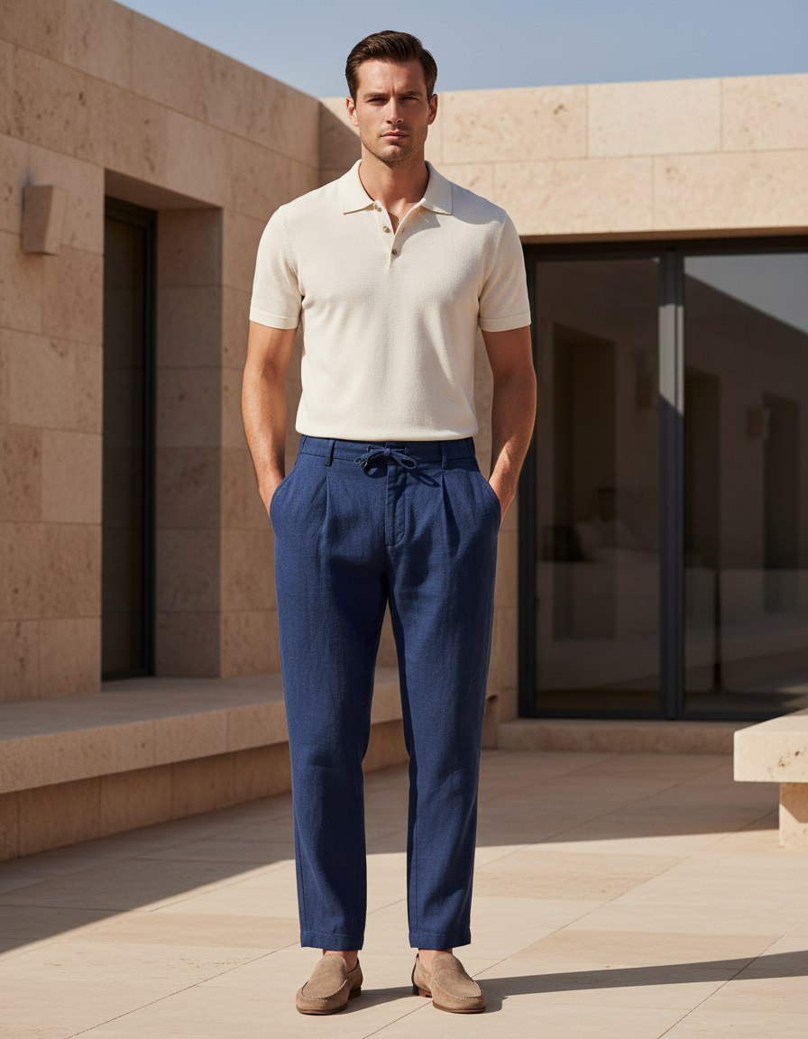 Pantalon En Lin Bleu Plissé Décontracté Cordon Homme