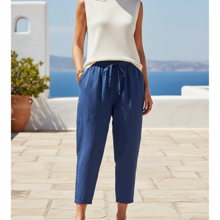 Pantalon En Lin Bleu Ample Taille Élastique Femme