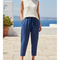 Pantalon En Lin Bleu Ample Taille Élastique Femme