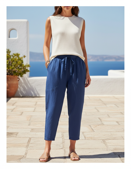 Pantalon En Lin Bleu Ample Taille Élastique Femme