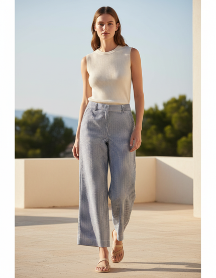 Pantalon En Lin Rayé Ample Fluide Femme - Marine
