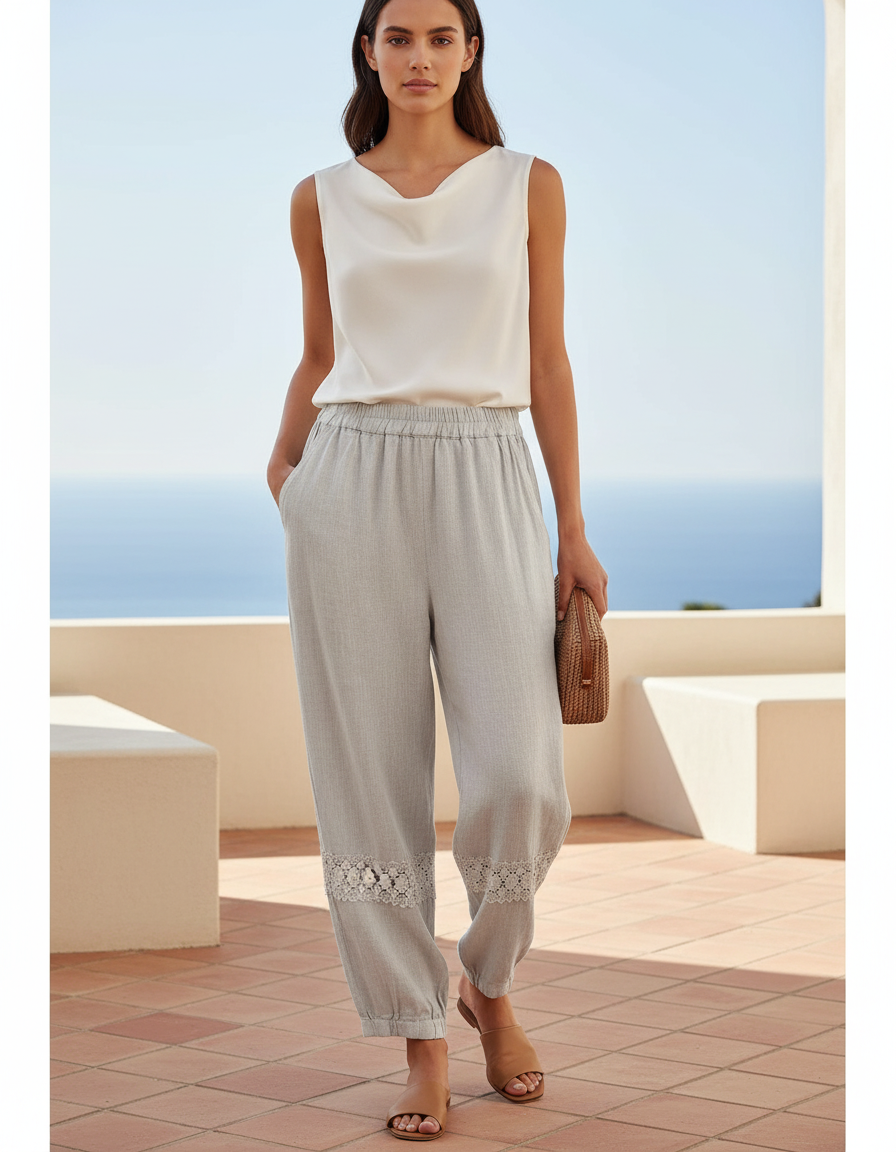Pantalon Lin Brodé - Gris