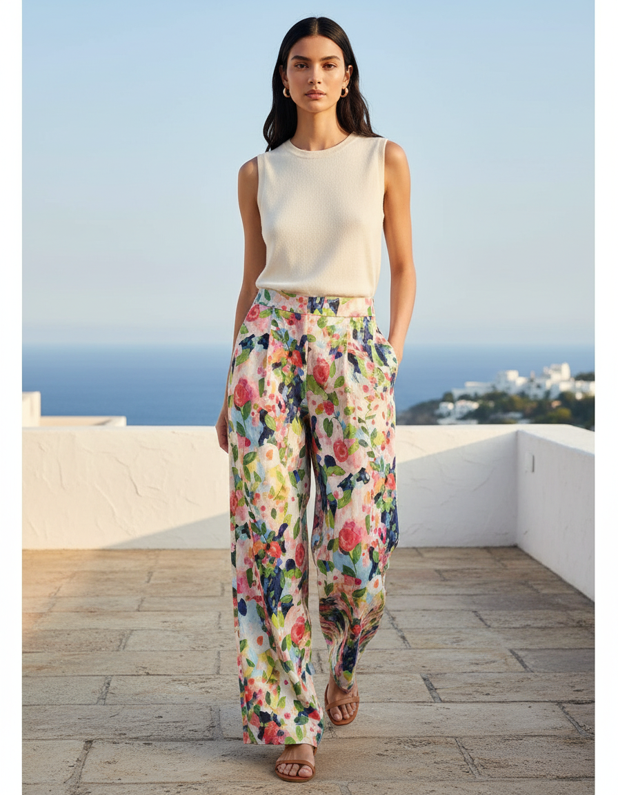 Pantalon En Lin Floral Imprimé Coloré Fluide Ample Élégant