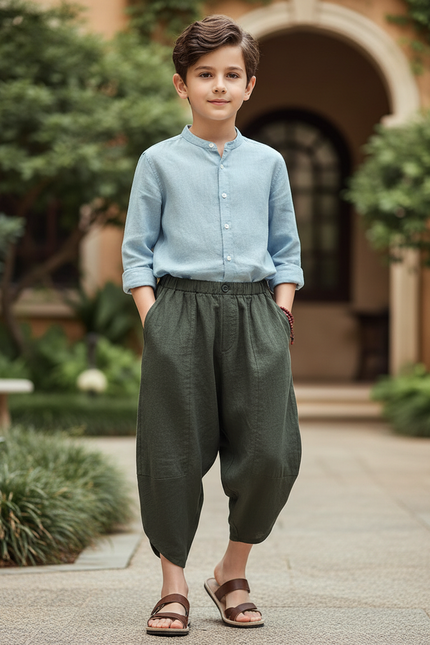 Pantalon En Lin Harem Ample Vert Enfant