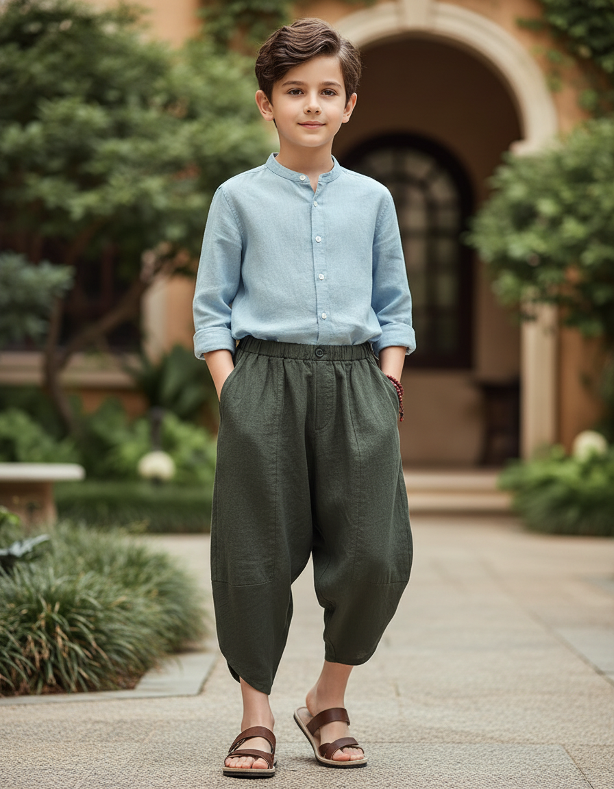 Pantalon En Lin Harem Ample Vert Enfant