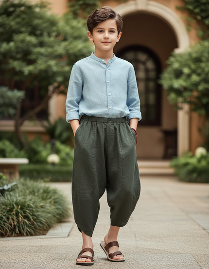 Pantalon En Lin Harem Ample Vert Enfant