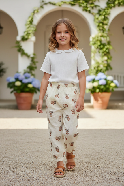 Pantalon En Lin Imprimé Oursons Élastiqué Enfant