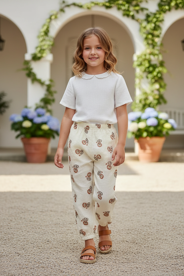 Pantalon En Lin Imprimé Oursons Élastiqué Enfant