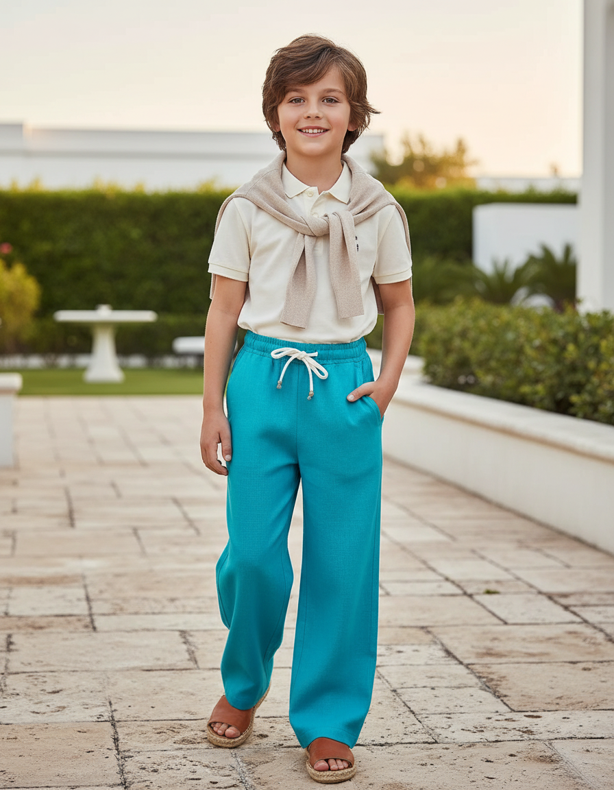 Pantalon En Lin Turquoise Ample Enfant Cordon Décontracté - Bleu