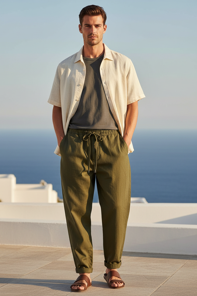 Pantalon En Lin Vert Kaki Ample Décontracté Cordon Homme