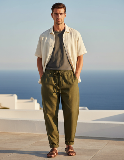 Pantalon En Lin Vert Kaki Ample Décontracté Cordon Homme