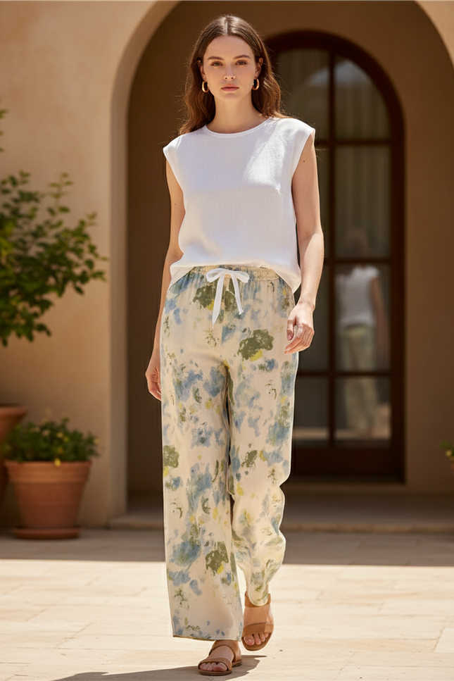 Pantalon En Lin Imprimé Abstrait Fluide Estival - Multicolore