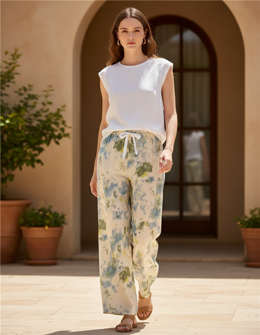 Pantalon En Lin Imprimé Abstrait Fluide Estival - Multicolore