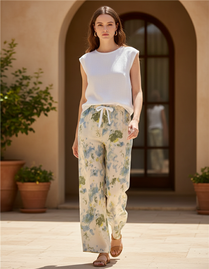 Pantalon En Lin Imprimé Abstrait Fluide Estival - Multicolore