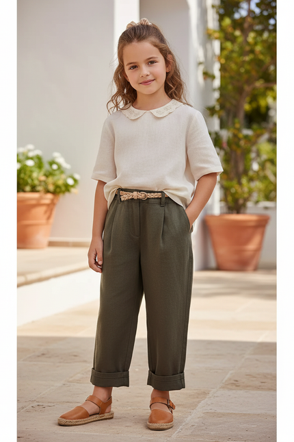 Pantalon En Lin Vert Kaki Ample Décontracté Enfant