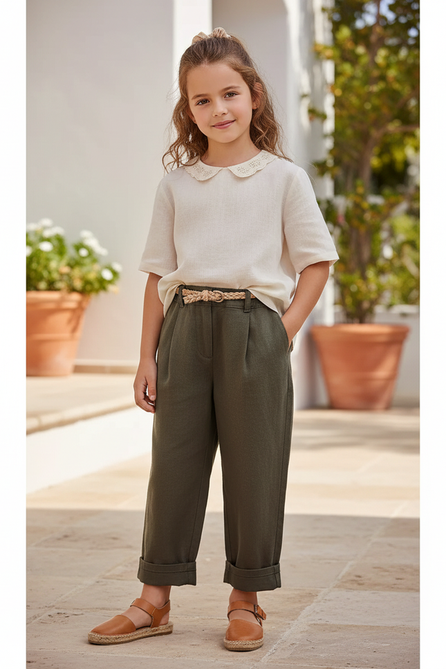Pantalon En Lin Vert Kaki Ample Décontracté Enfant