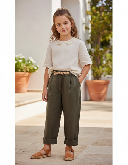 Pantalon En Lin Vert Kaki Ample Décontracté Enfant