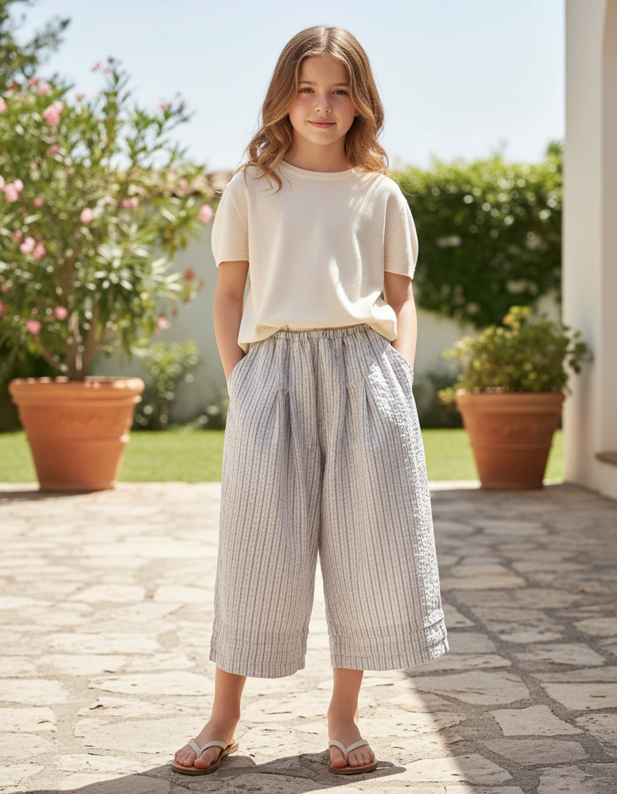 Pantalon Lin Rayure Bleu