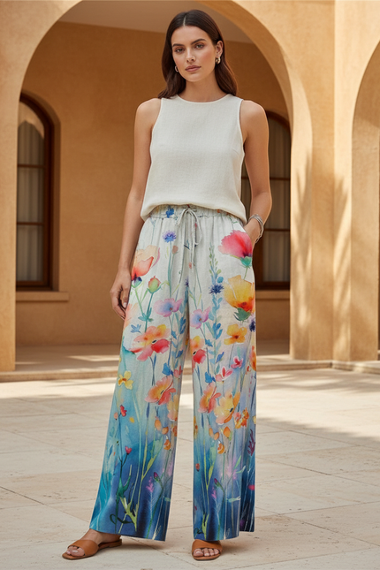 Pantalon En Lin Fluide Imprimé Floral Coloré Ample Décontracté - Multicolore