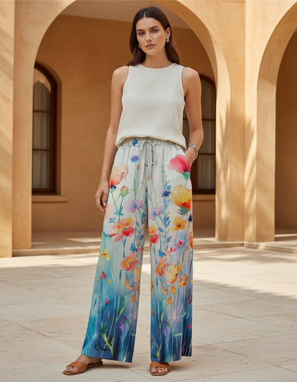 Pantalon En Lin Fluide Imprimé Floral Coloré Ample Décontracté - Multicolore