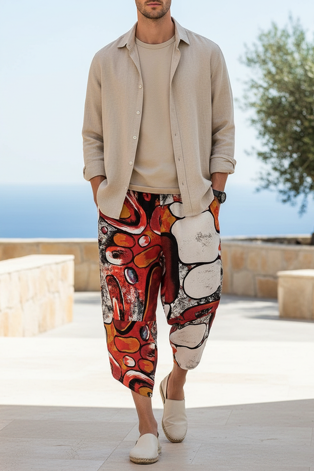 Pantalon En Lin Harem Imprimé Abstrait Décontracté Homme - Multicolore